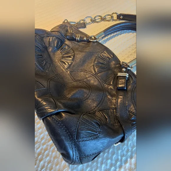 Coach Madison Sophia satchel, black leather, embossed Op Art pattern, euc - Picture 2 of 8